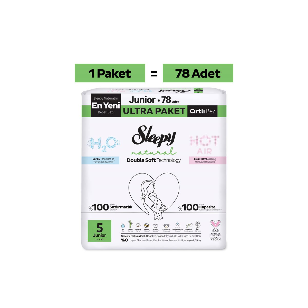 Sleepy Natural Double Soft Ultra Paket Bebek Bezi 5 Numara Junior 78 Adet