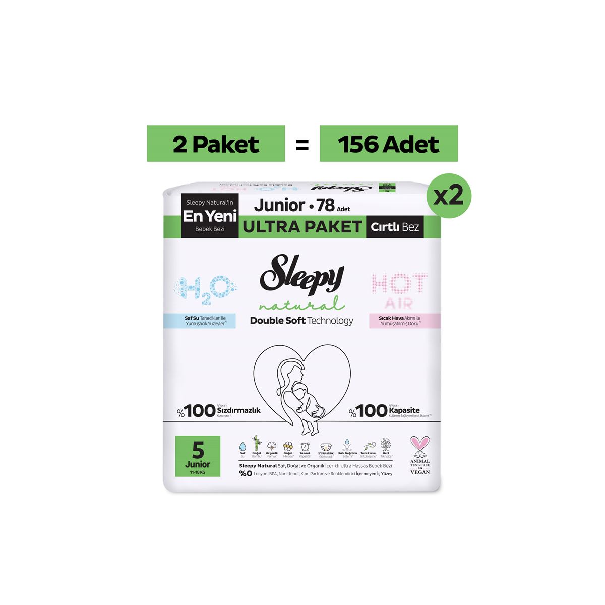 Sleepy Natural Double Soft Ultra Fırsat Paketi Bebek Bezi 5 Numara Junior 156 Adet