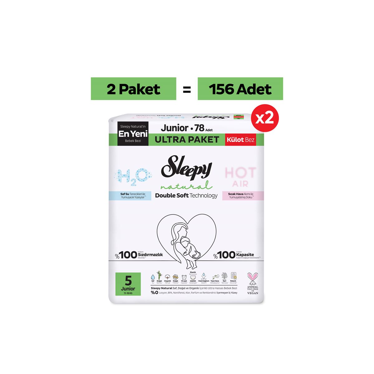 Sleepy Natural Double Soft Ultra Fırsat Paketi Külot Bez 5 Numara Junior 156 Adet