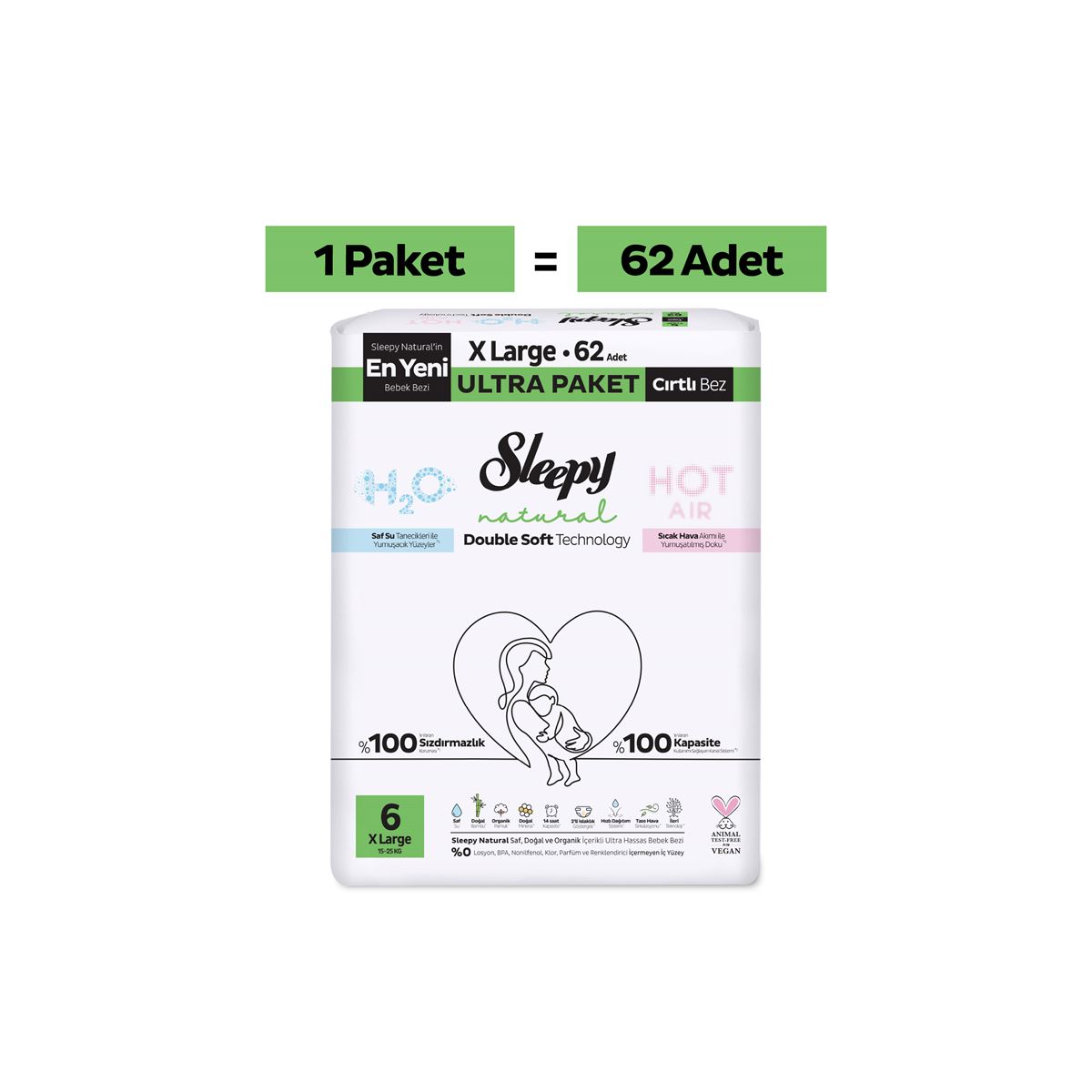 Sleepy Natural Double Soft Ultra Paket Bebek Bezi 6 Numara Xlarge 62 Adet
