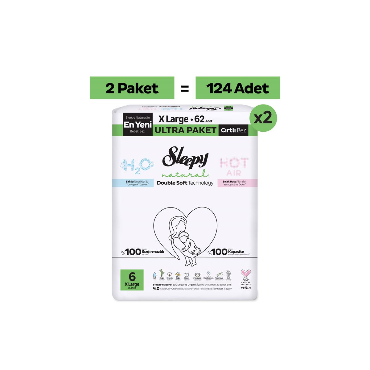Sleepy Natural Double Soft Ultra Fırsat Paketi Bebek Bezi 6 Numara Xlarge 124 Adet