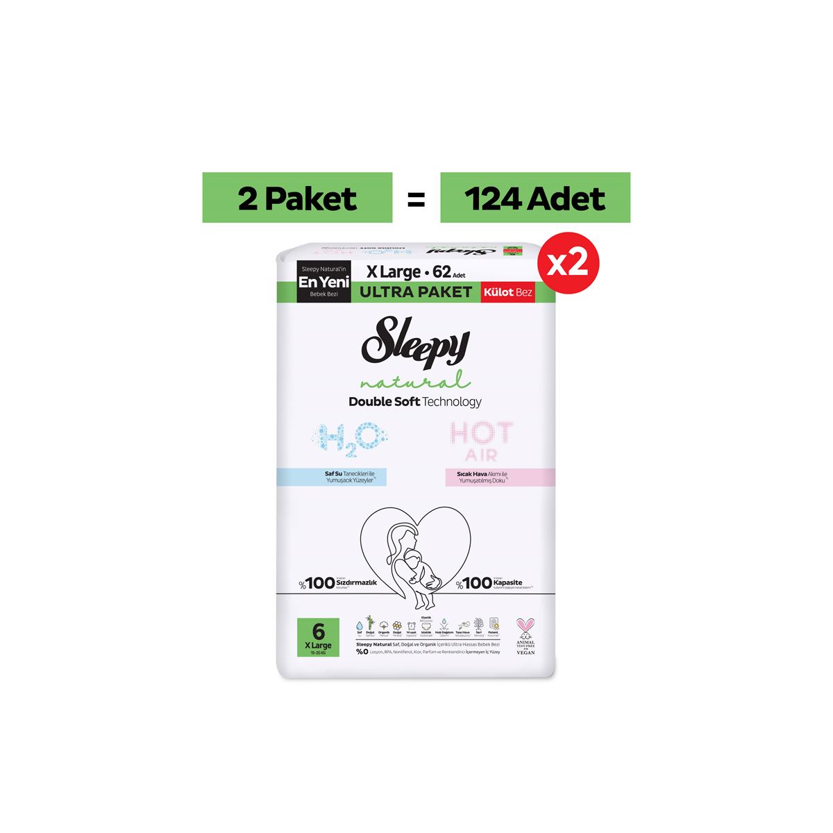 Sleepy Natural Double Soft Ultra Fırsat Paketi Külot Bez 6 Numara Xlarge 124 Adet