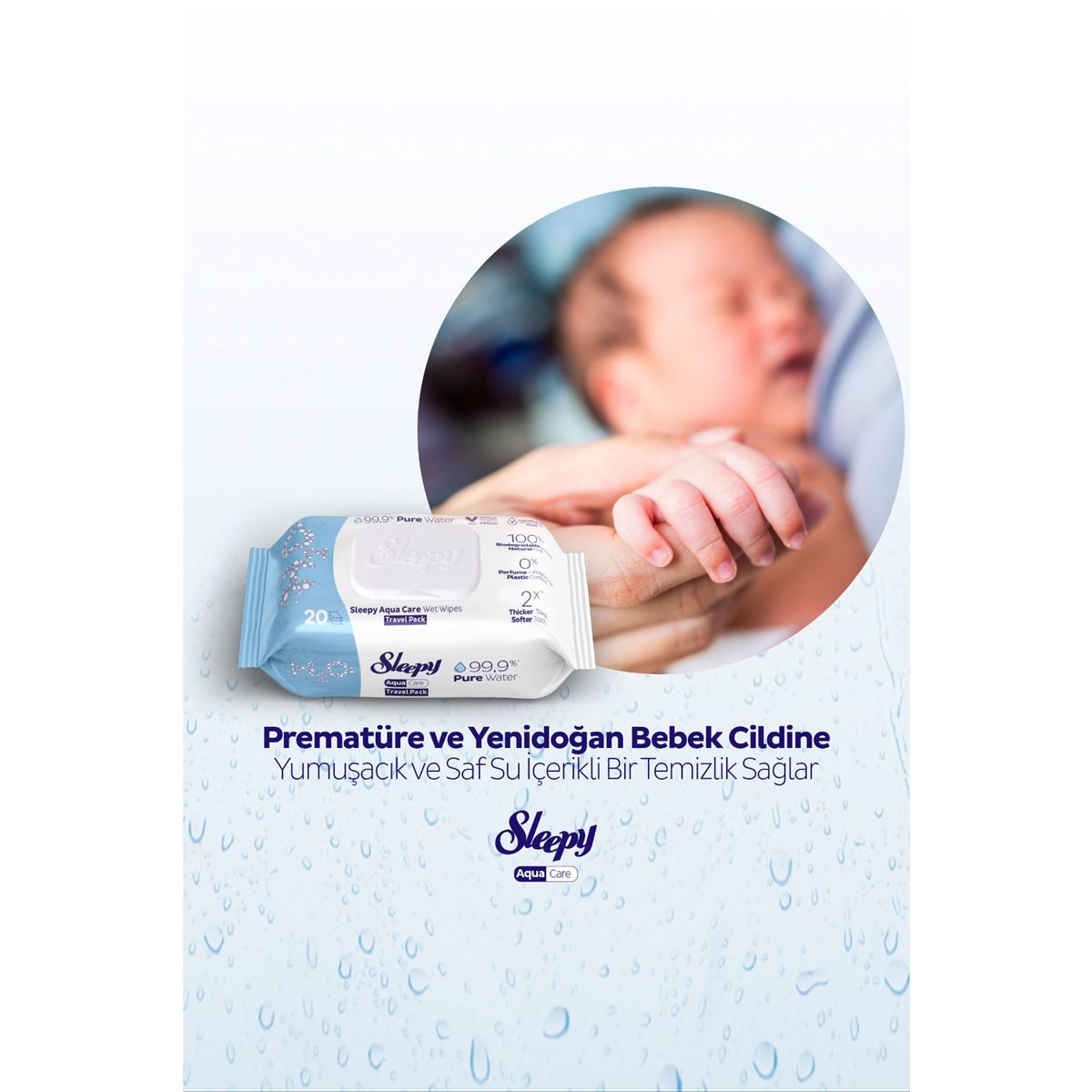 Sleepy AquaCare H2O Yenidoğan Islak Bebek Havlusu Seyahat Boy 12x20 (240 Yaprak)