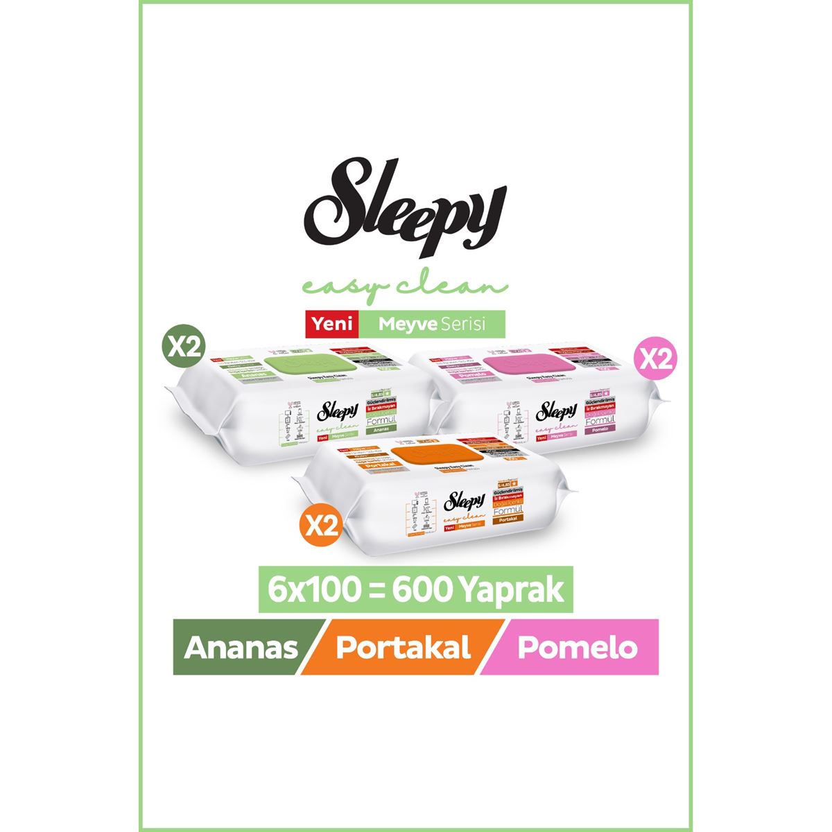 Sleepy Meyve Serisi Yüzey Temizlik Havlusu Mendili Ananas+Pomelo+Portakal 6x100 (600 Yaprak)