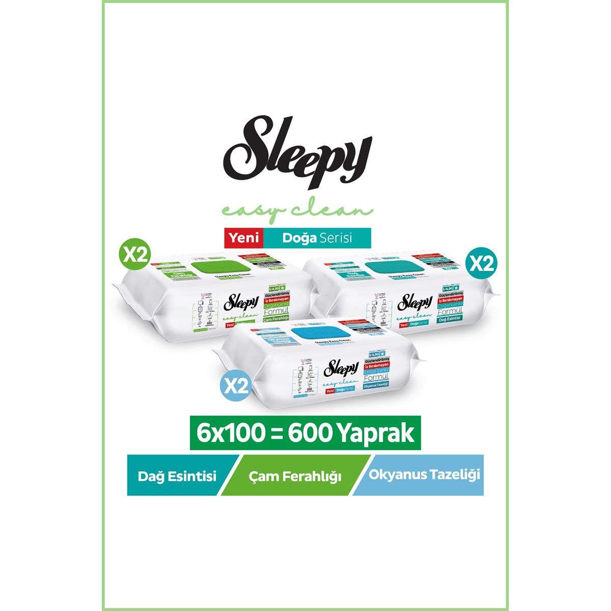 Sleepy Doğa Serisi Yüzey Temizlik Havlusu Mendili Çam + Okyanus + Dağ Esintisi 6x100 (600 Yaprak)