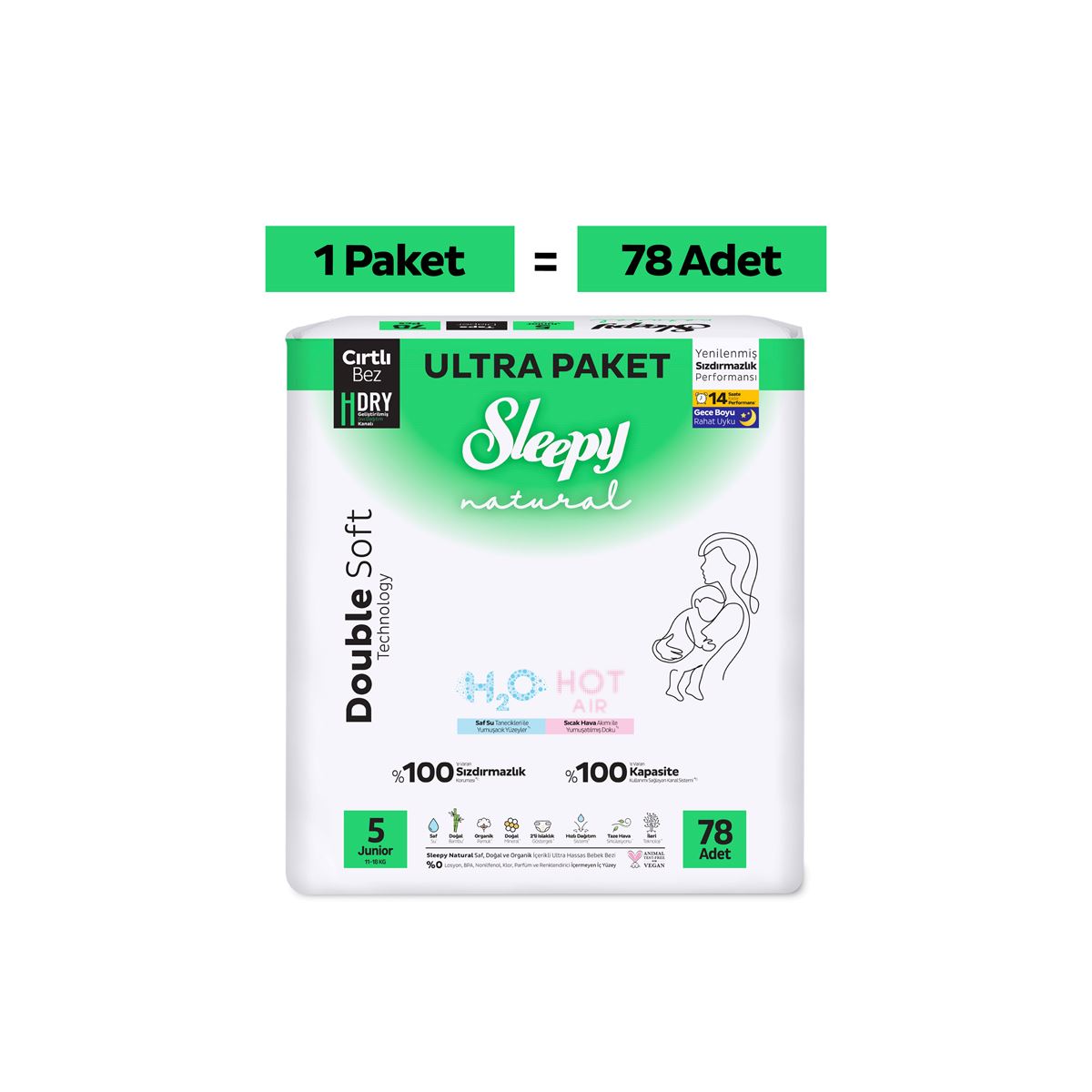 Sleepy Natural Double Soft Ultra Paket Bebek Bezi 5 Numara Junior 78 Adet