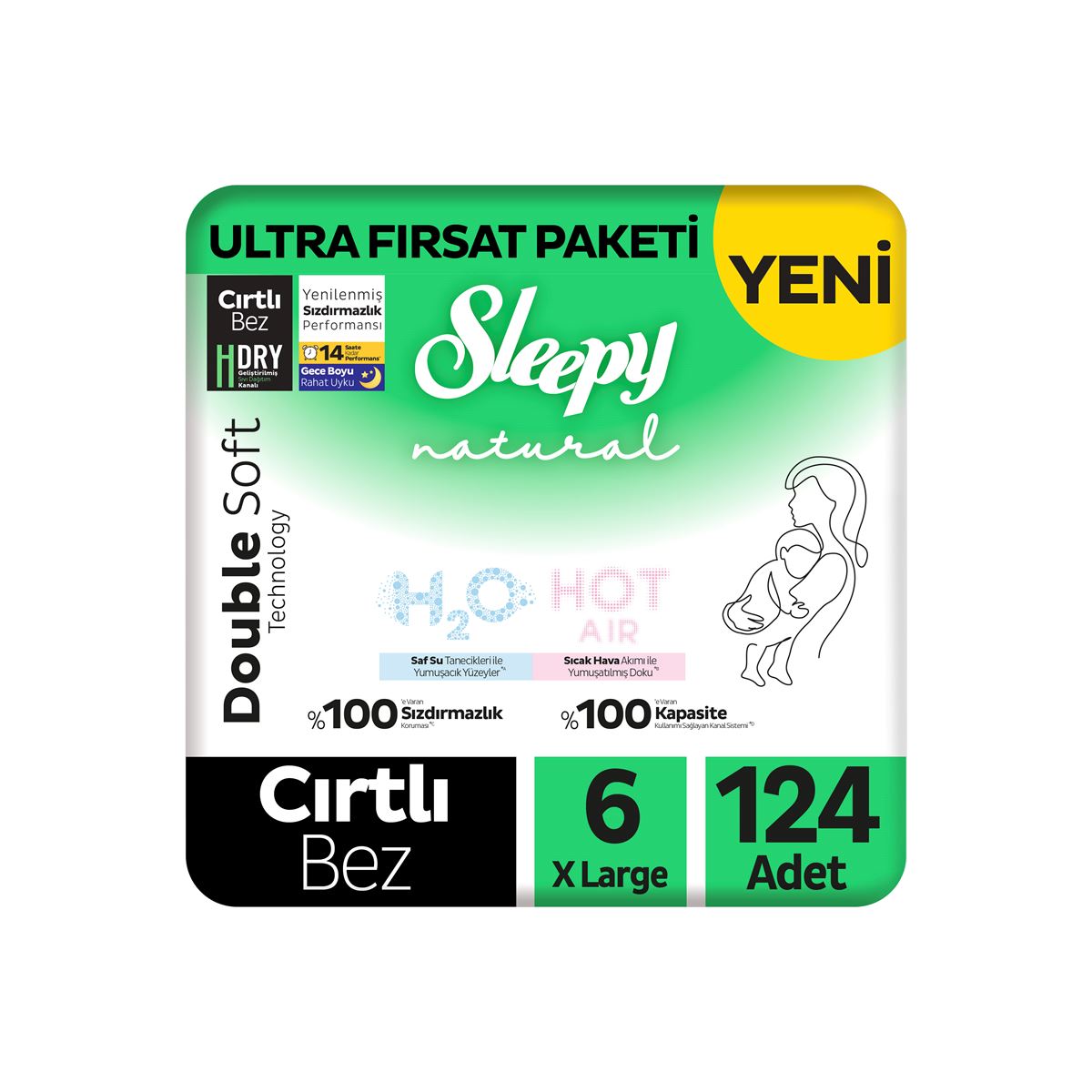 Sleepy Natural Double Soft Ultra Fırsat Paketi Bebek Bezi 6 Numara Xlarge 124 Adet