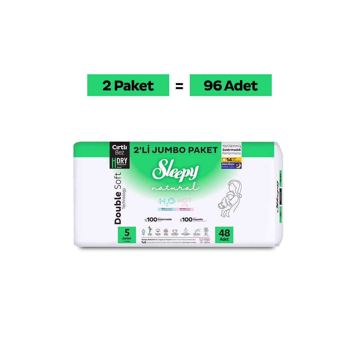 Sleepy Natural Double Soft Avantajlı Mega Paket Bebek Bezi 5 Numara Junior 96 Adet