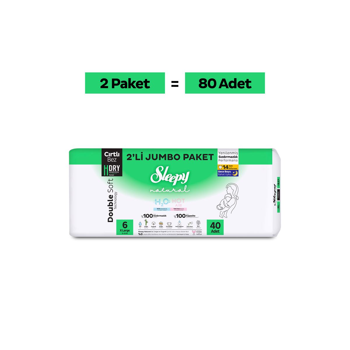 Sleepy Natural Double Soft Avantajlı Mega Paket Bebek Bezi 6 Numara Xlarge 80 Adet
