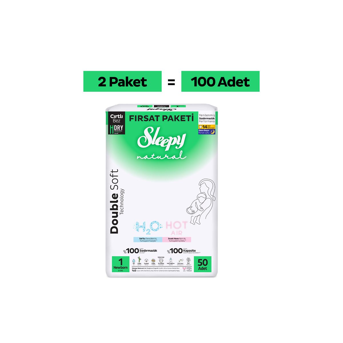 Sleepy Natural Double Soft Ultra Fırsat Paketi Bebek Bezi 1 Numara Newborn 100 Adet