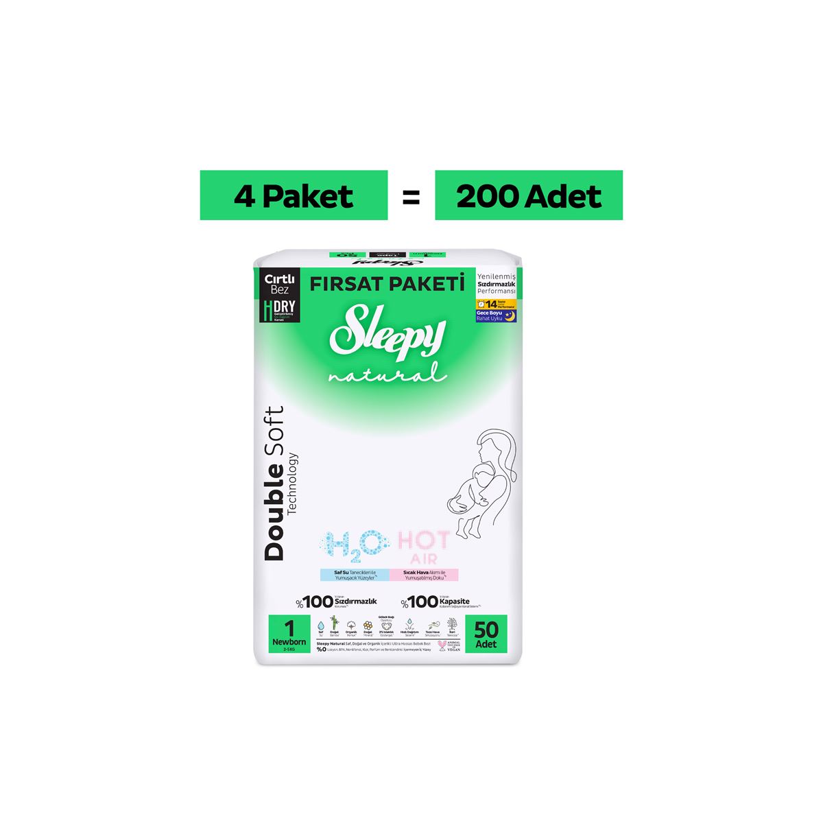 Sleepy Natural Double Soft Mega Fırsat Paketi Bebek Bezi 1 Numara Newborn 200 Adet
