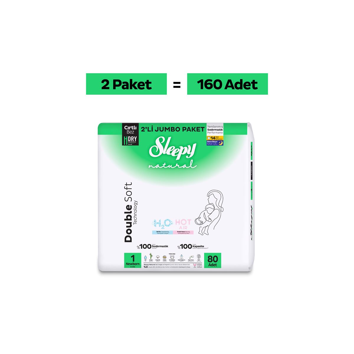 Sleepy Natural Double Soft Avantajlı Mega Paket Bebek Bezi 1 Numara Newborn 160 Adet