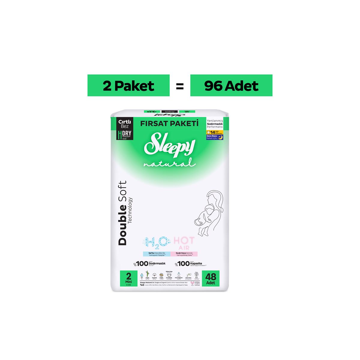 Sleepy Natural Double Soft Ultra Fırsat Paketi Bebek Bezi 2 Numara Mini 96 Adet
