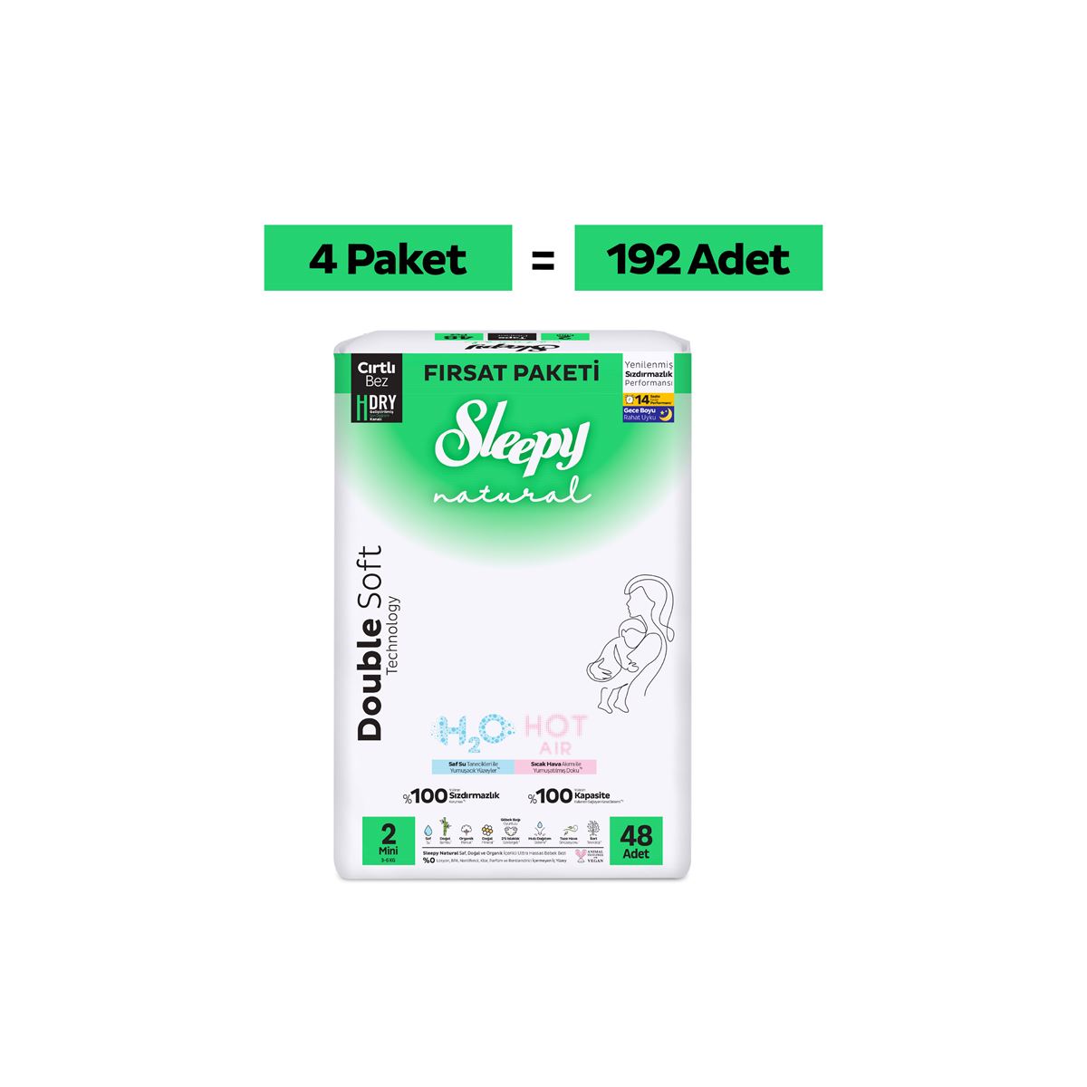Sleepy Natural Double Soft Mega Fırsat Paketi Bebek Bezi 2 Numara Mini 192 Adet