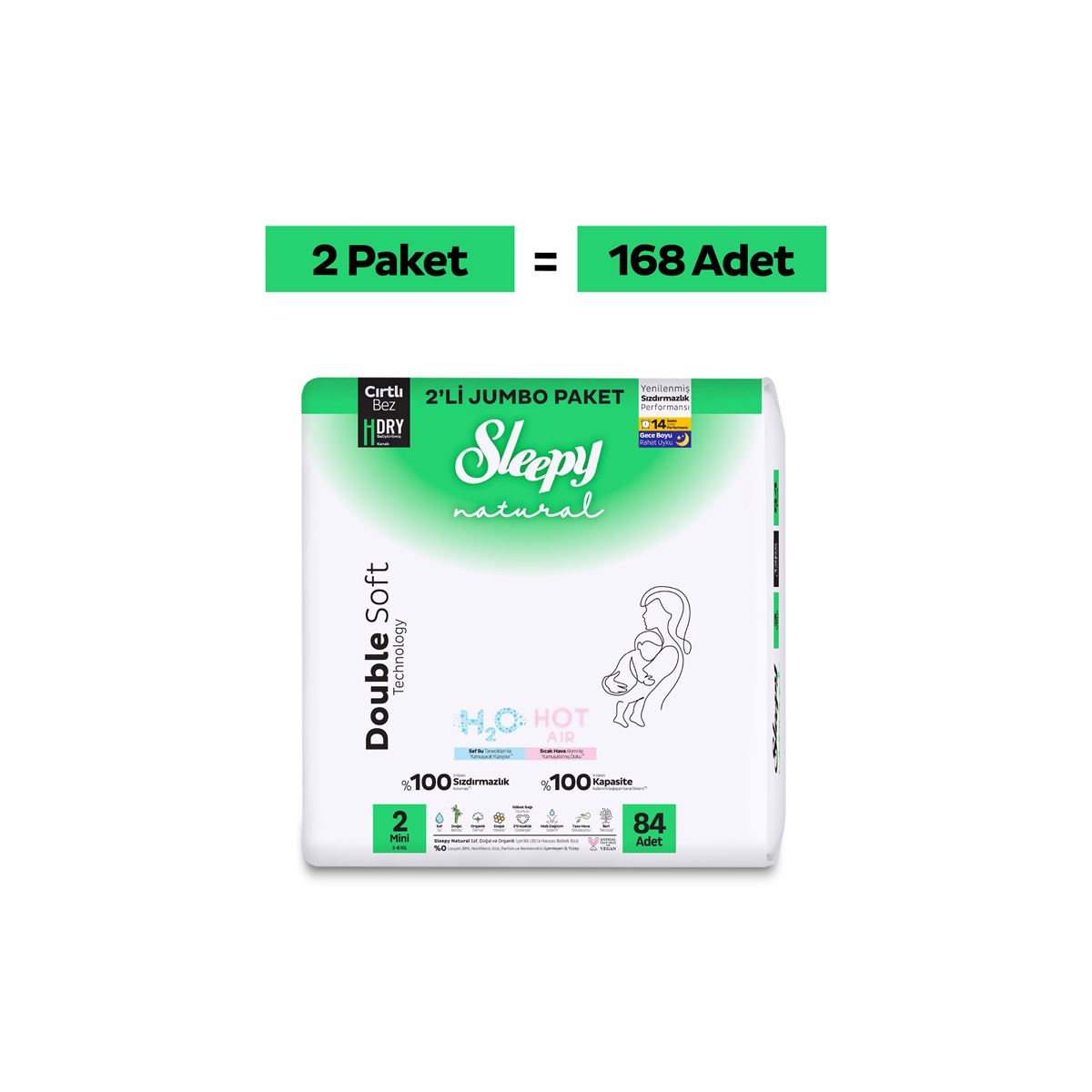 Sleepy Natural Double Soft Avantajlı Mega Paket Bebek Bezi 2 Numara Mini 168 Adet