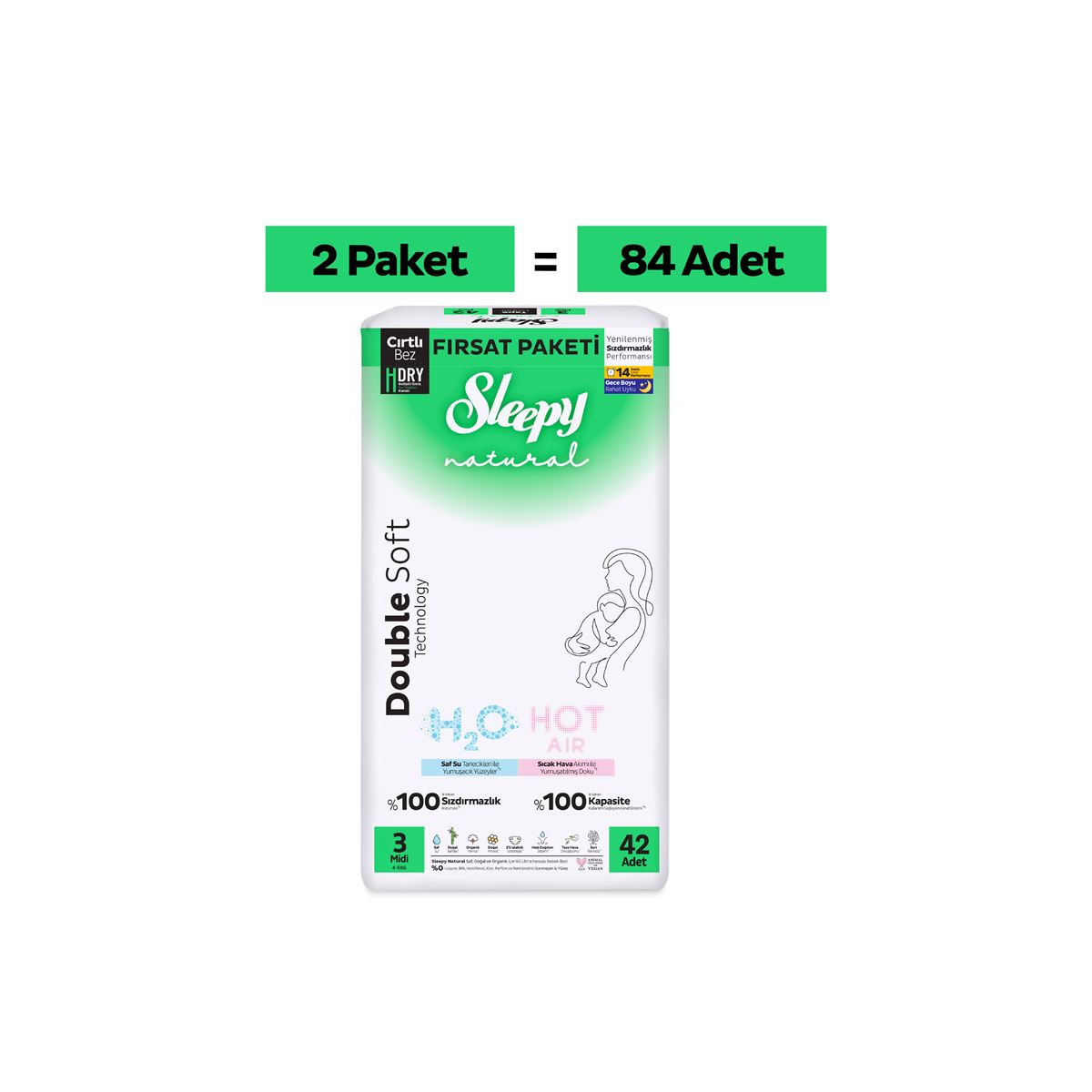 Sleepy Natural Double Soft Ultra Fırsat Paketi Bebek Bezi 3 Numara Midi 84 Adet