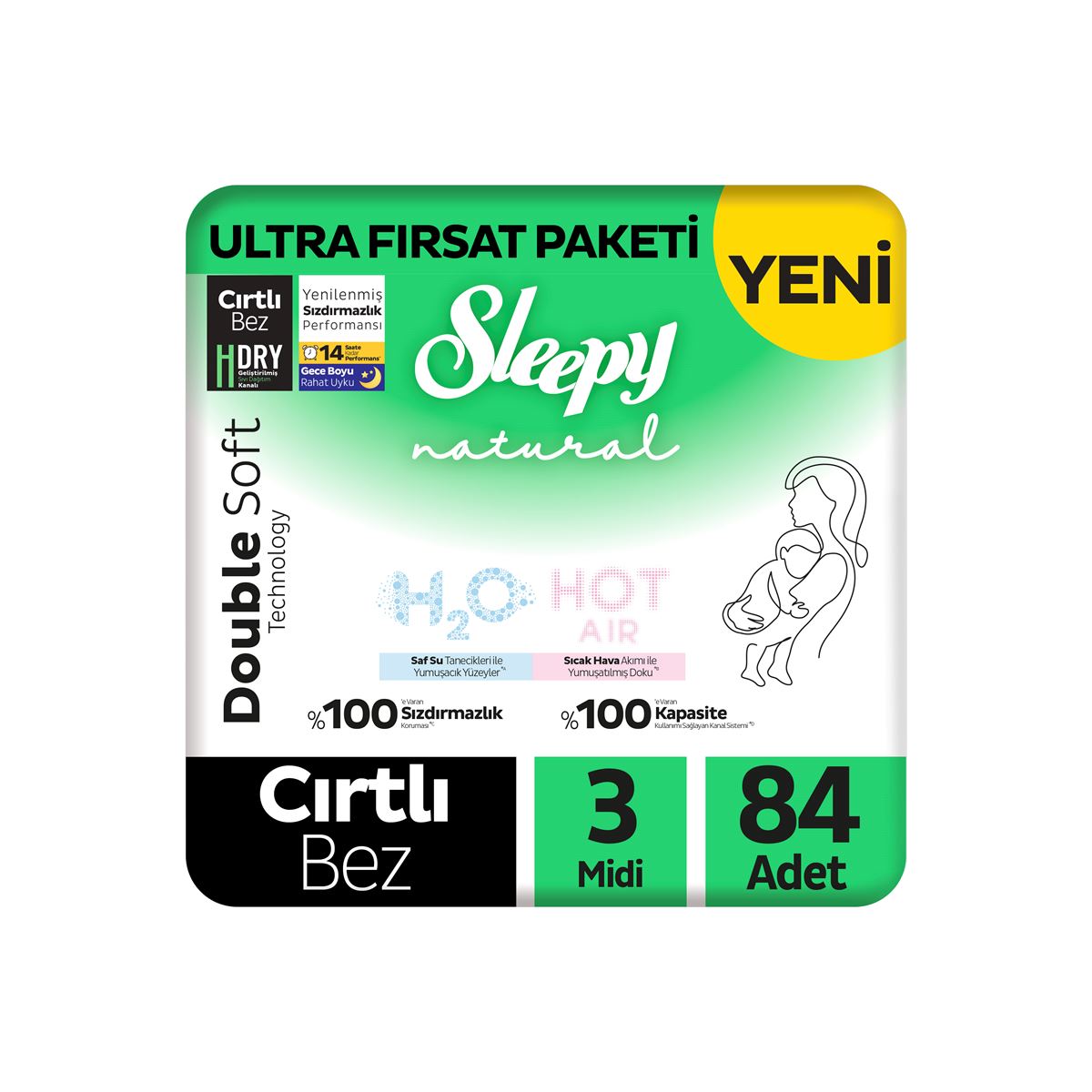 Sleepy Natural Double Soft Ultra Fırsat Paketi Bebek Bezi 3 Numara Midi 84 Adet