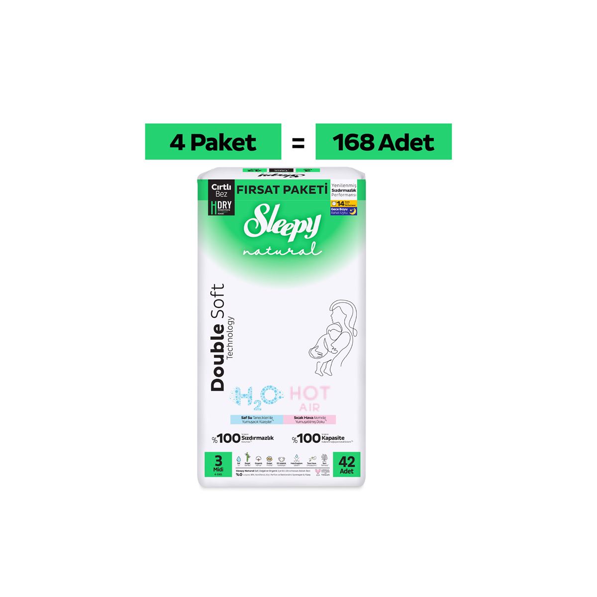 Sleepy Natural Double Soft Mega Fırsat Paketi Bebek Bezi 3 Numara Midi 168 Adet