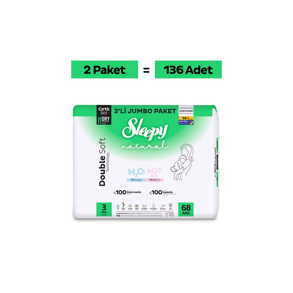 Sleepy Natural Double Soft Avantajlı Mega Paket Bebek Bezi 3 Numara Midi 136 Adet