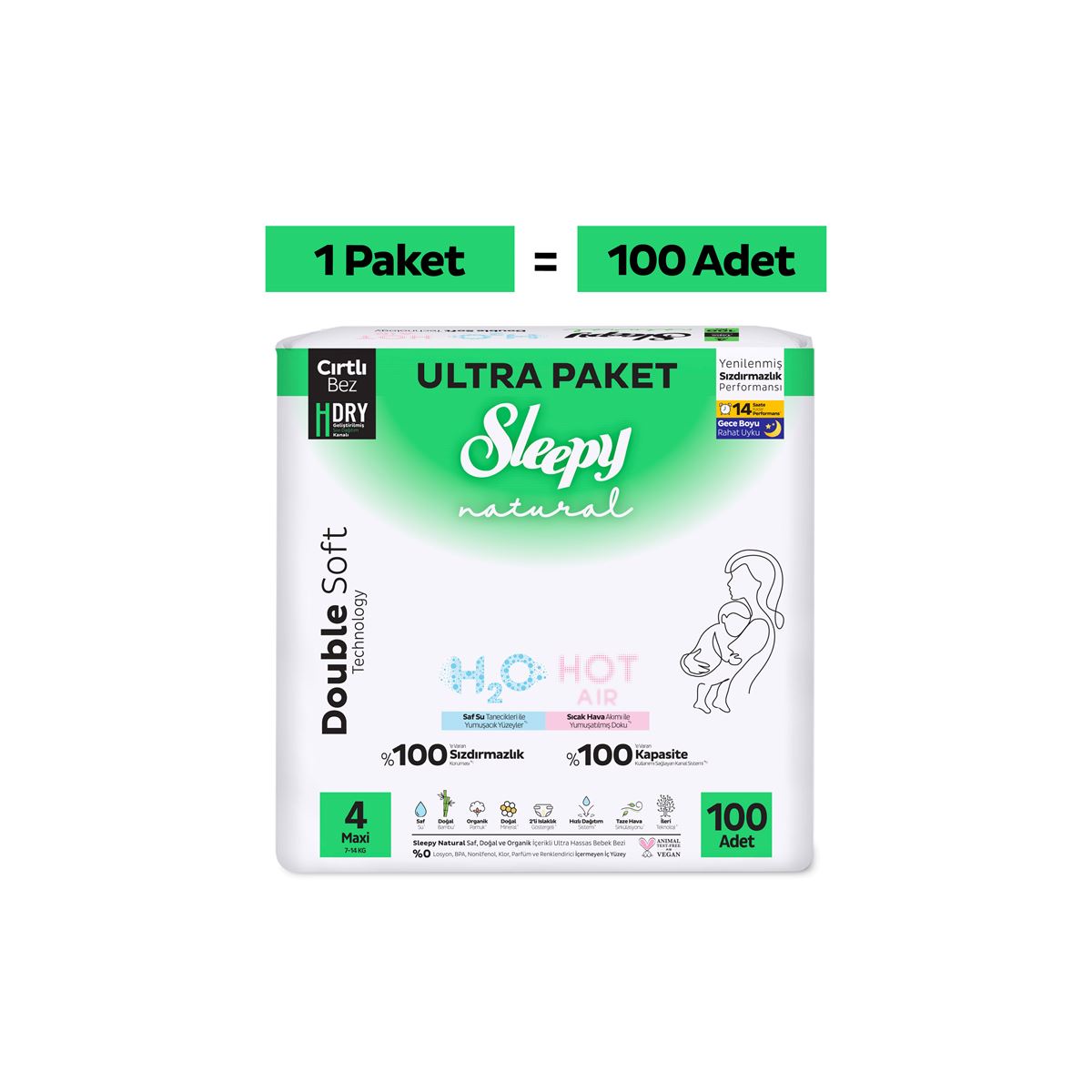 Sleepy Natural Double Soft Ultra Paket Bebek Bezi 4 Numara Maxi 100 Adet