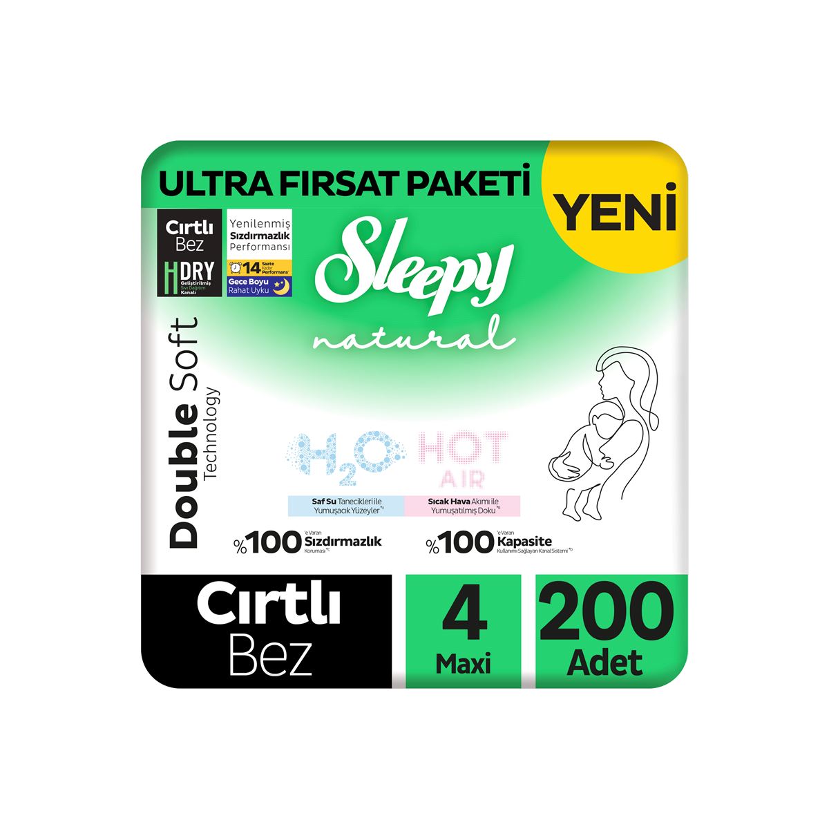Sleepy Natural Double Soft Ultra Fırsat Paketi Bebek Bezi 4 Numara Maxi 200 Adet