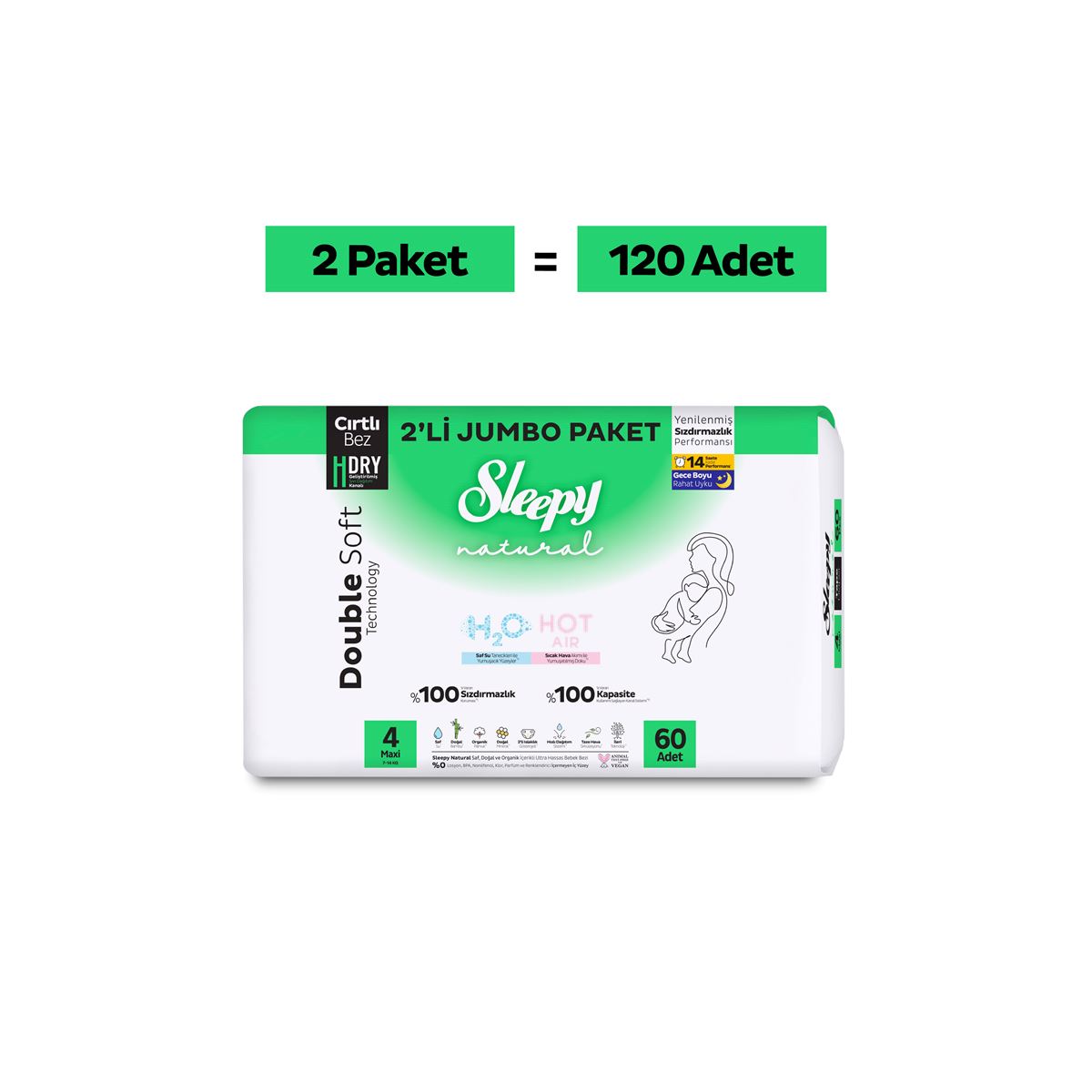 Sleepy Natural Double Soft Avantajlı Mega Paket Bebek Bezi 4 Numara Maxi 120 Adet