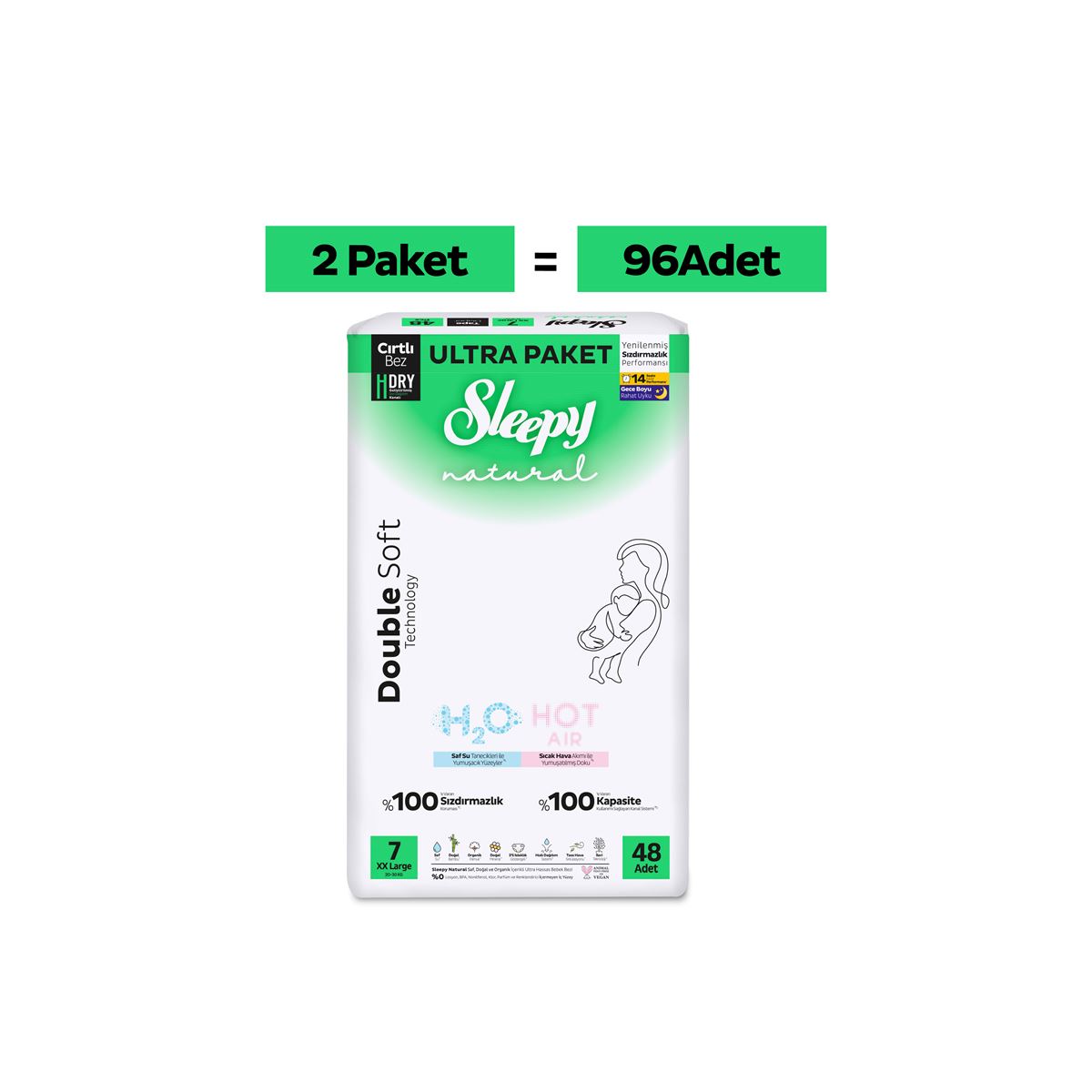Sleepy Natural Double Soft Ultra Fırsat Paketi Bebek Bezi 7 Numara Xxlarge 96 Adet