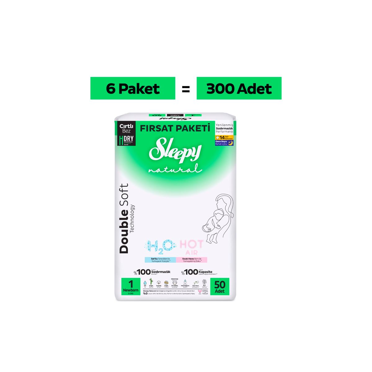 Sleepy Natural Double Soft Fırsat Paketi Bebek Bezi 1 Numara Newborn 300 Adet