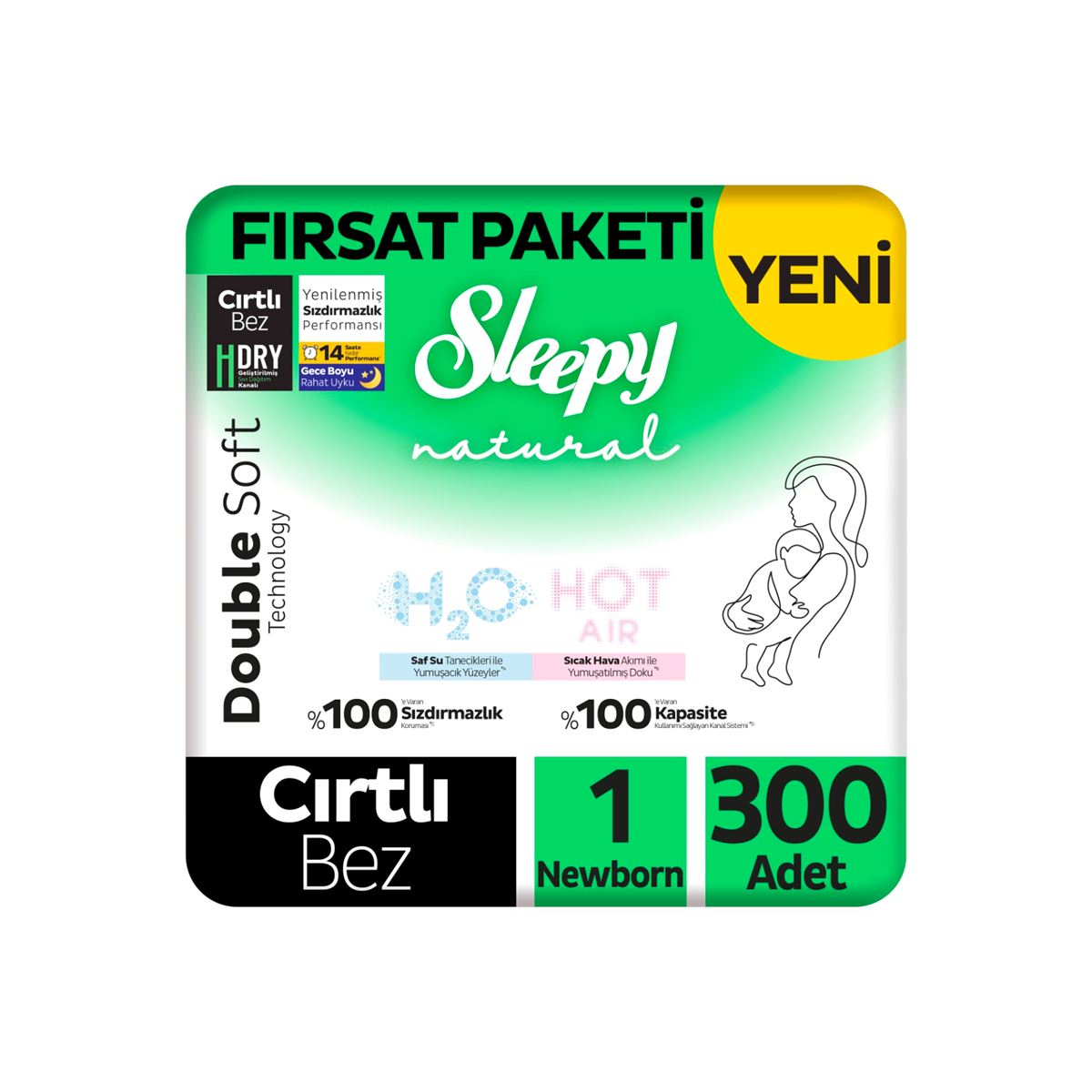 Sleepy Natural Double Soft Fırsat Paketi Bebek Bezi 1 Numara Newborn 300 Adet