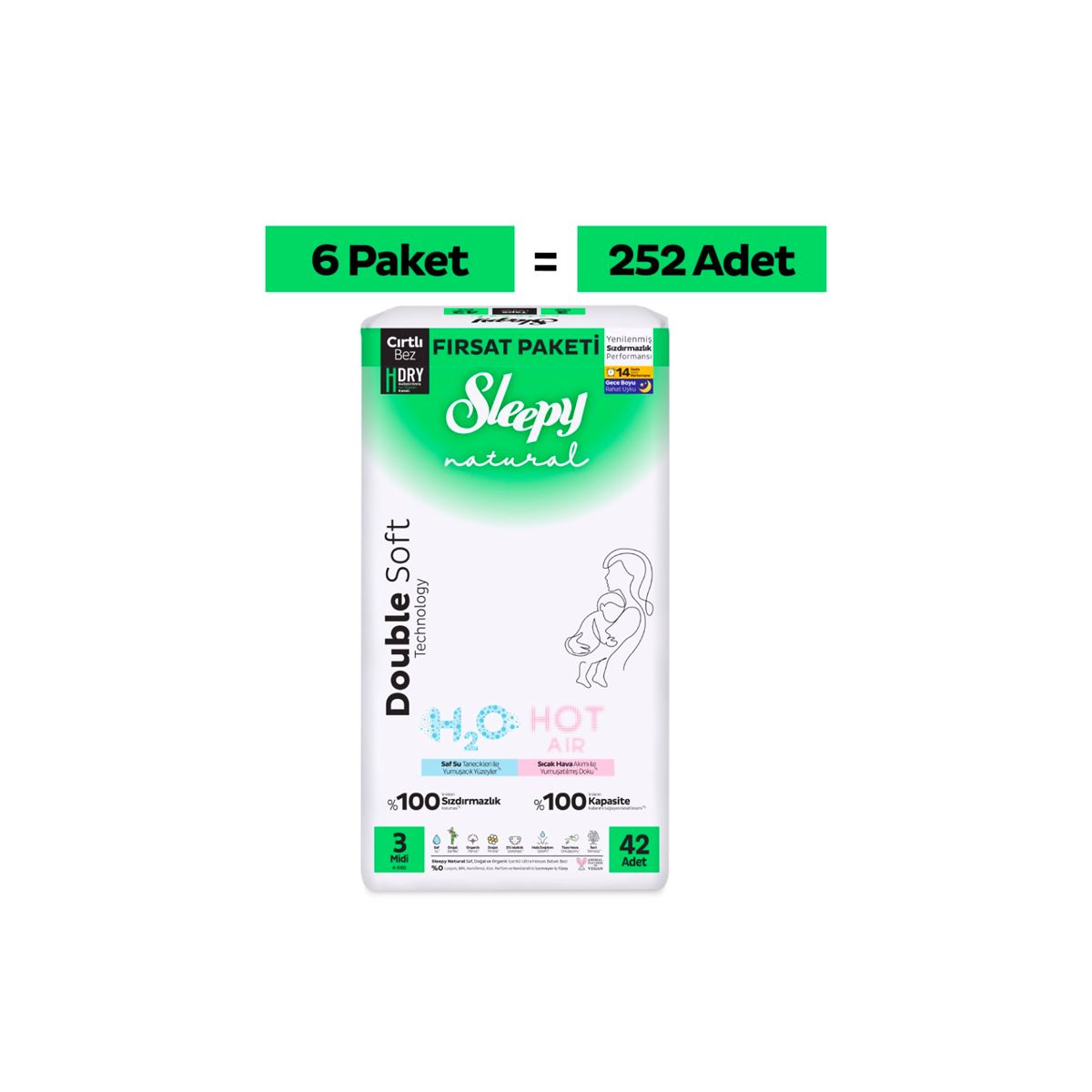 Sleepy Natural Double Soft Fırsat Paketi Bebek Bezi 3 Numara Midi 252 Adet