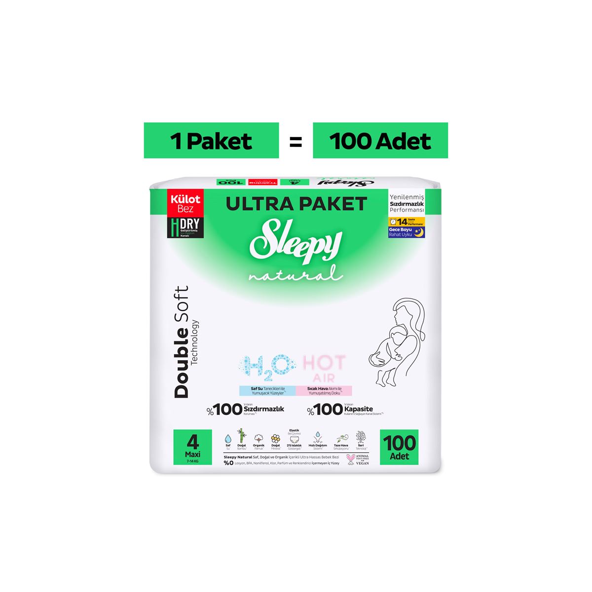 Sleepy Natural Double Soft Ultra Paket Külot Bez 4 Numara Maxi 100 Adet