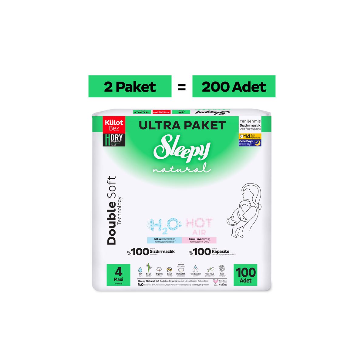 Sleepy Natural Double Soft Ultra Fırsat Paketi Külot Bez 4 Numara Maxi 200 Adet