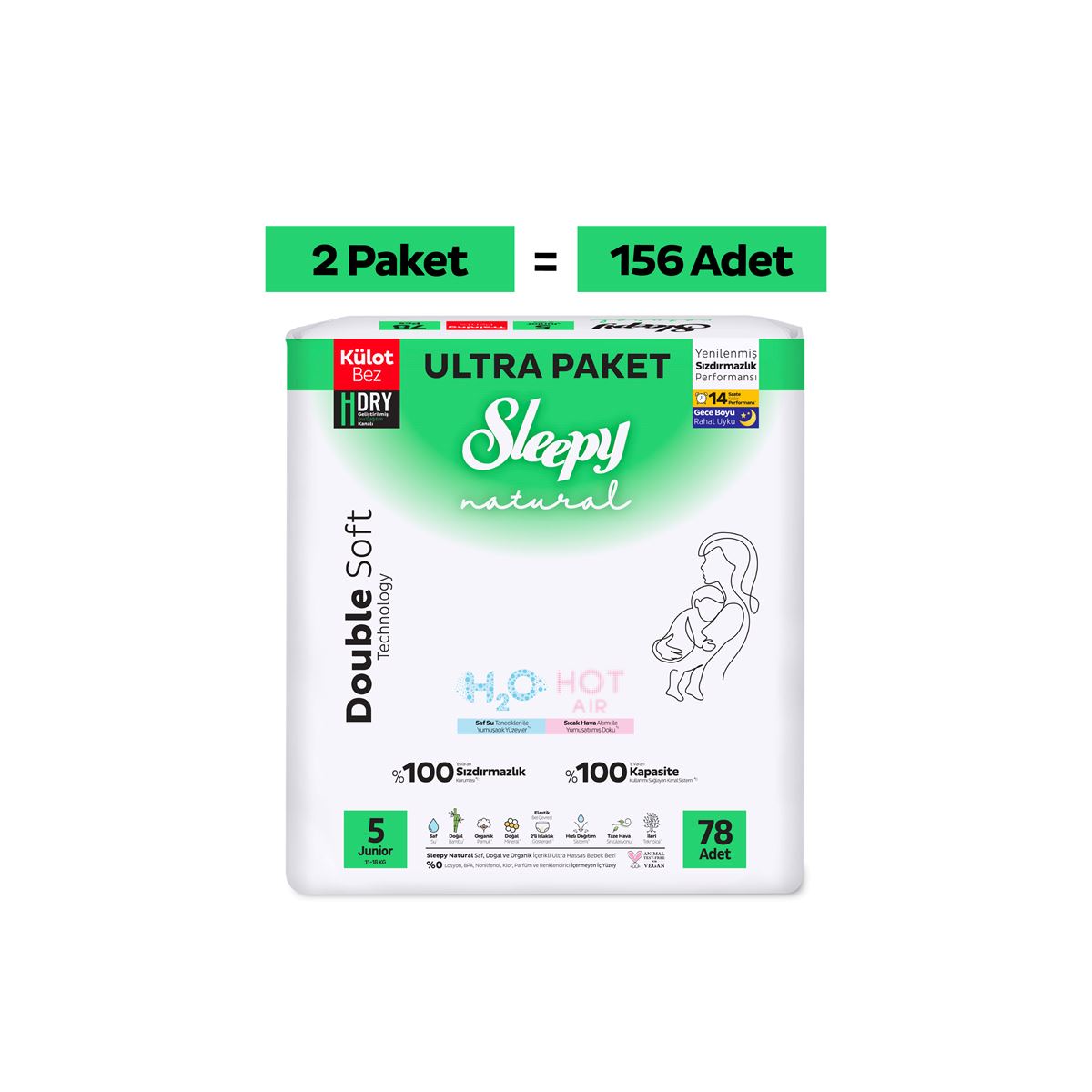 Sleepy Natural Double Soft Ultra Fırsat Paketi Külot Bez 5 Numara Junior 156 Adet