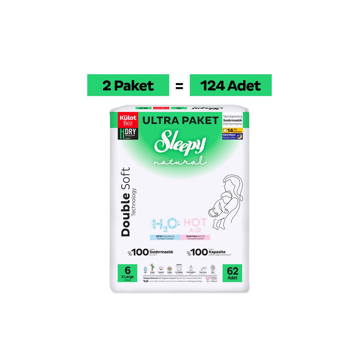 Sleepy Natural Double Soft Ultra Fırsat Paketi Külot Bez 6 Numara Xlarge 124 Adet