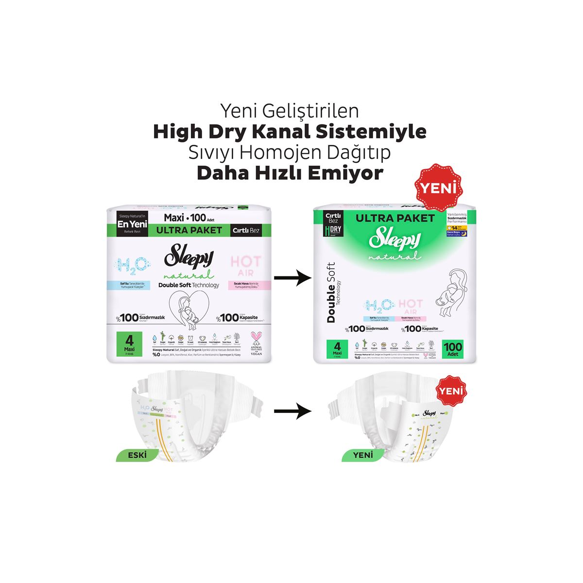 Sleepy Natural Double Soft Ultra Paket Bebek Bezi 4 Numara Maxi 100 Adet