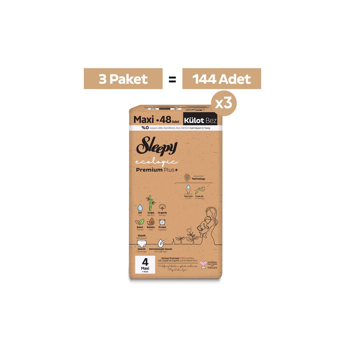 Sleepy Ecologic Premium Plus Avantajlı Paket Külot Bez 4 Numara Maxi 144 Adet