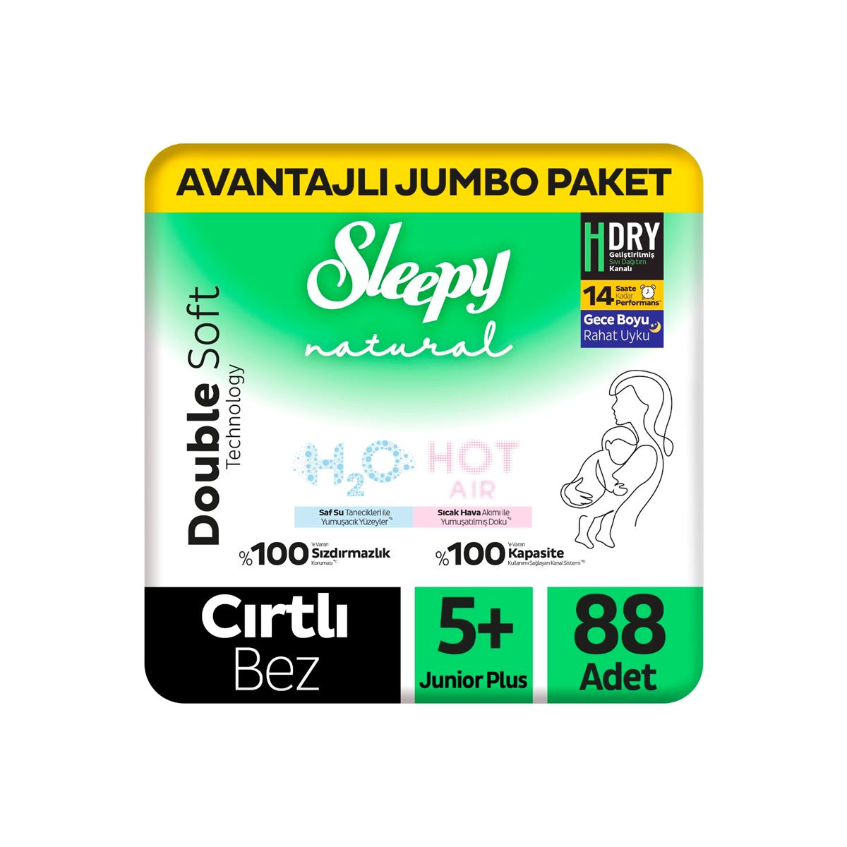 Sleepy Natural Double Soft Avantajlı Jumbo Paket Bebek Bezi 5+ Numara Junior Plus 88 Adet