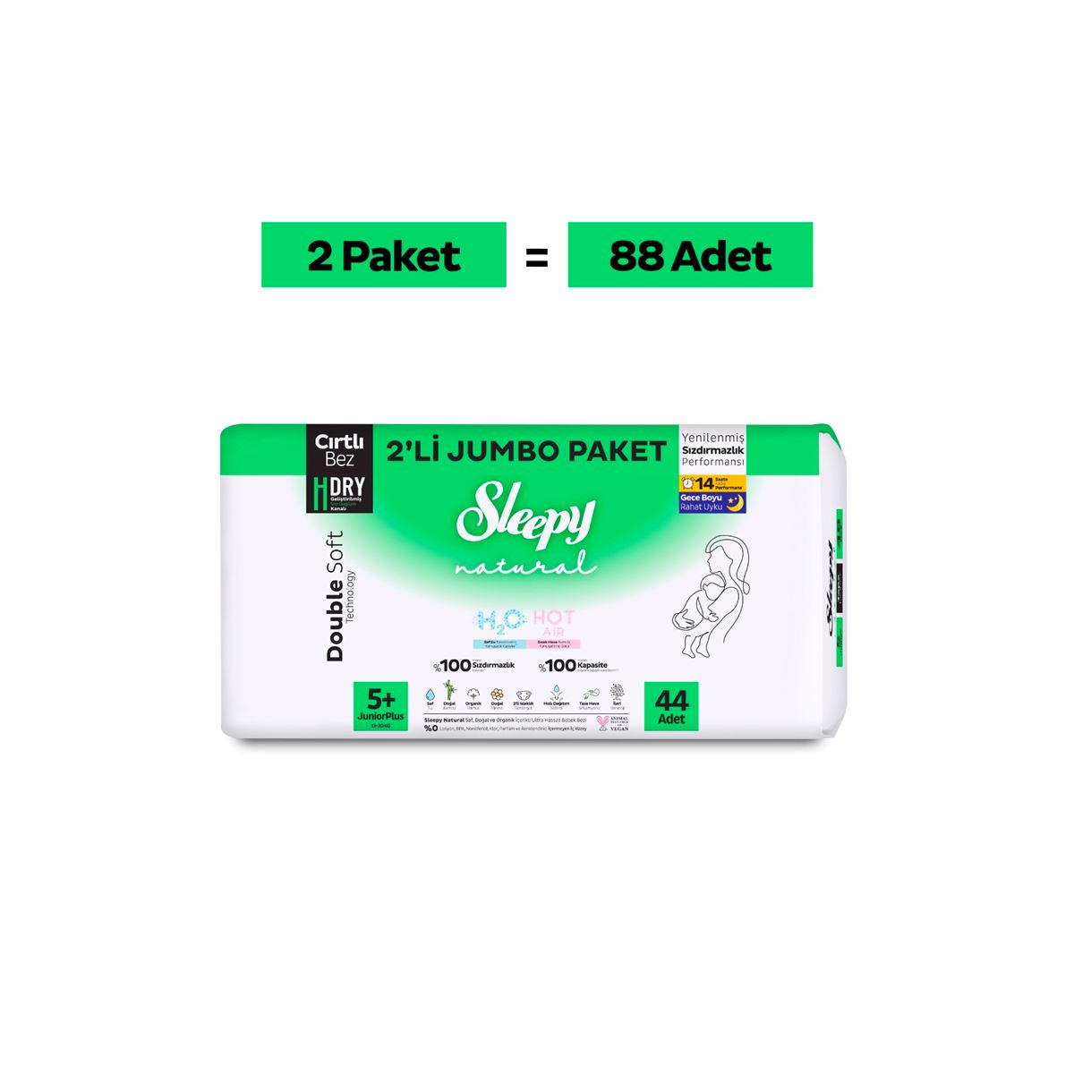 Sleepy Natural Double Soft Avantajlı Jumbo Paket Bebek Bezi 5+ Numara Junior Plus 88 Adet