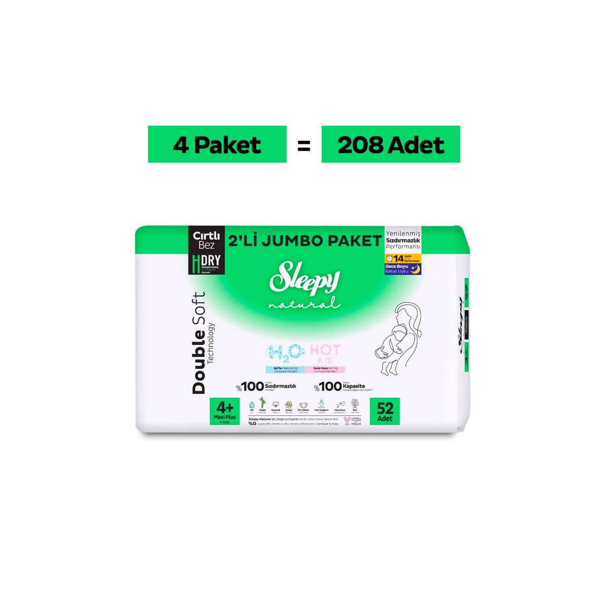 Sleepy Natural Double Soft Ultra Avantajlı Jumbo Paket Bebek Bezi 4+ Numara Maxi Plus 208 Adet