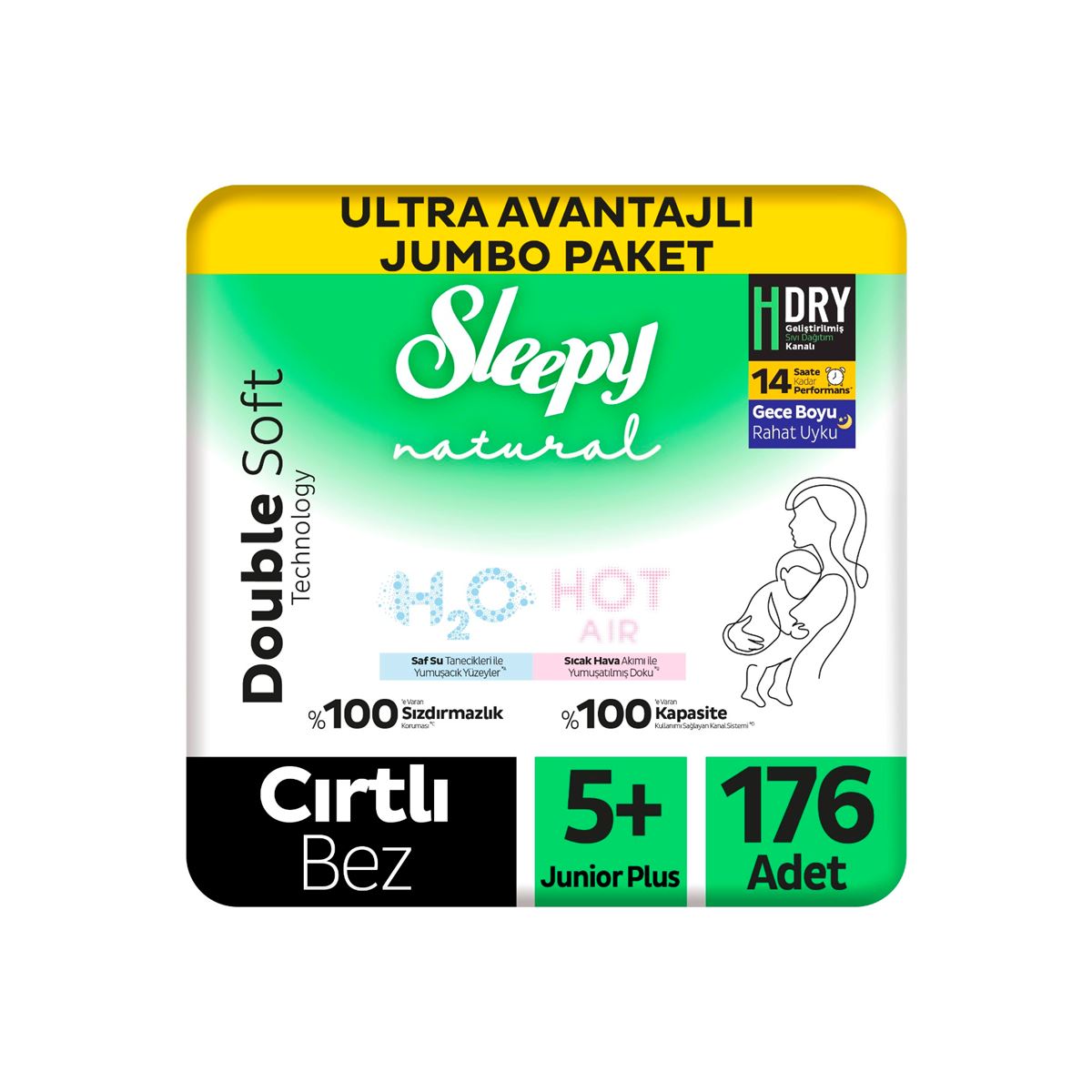 Sleepy Natural Double Soft Ultra Avantajlı Jumbo Paket Bebek Bezi 5+ Numara Junior Plus 176 Adet