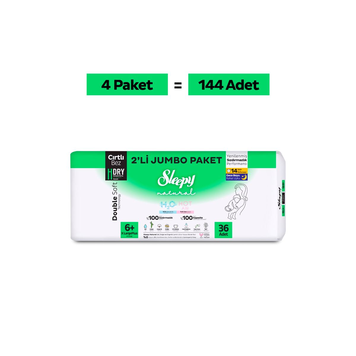 Sleepy Natural Double Soft Ultra Avantajlı Jumbo Paket Bebek Bezi 6+ Numara Xlarge Plus 144 Adet