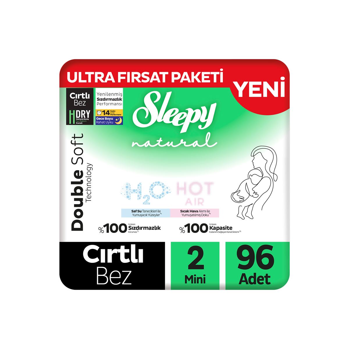 Sleepy Natural Double Soft Ultra Fırsat Paketi Bebek Bezi 2 Numara Mini 96 Adet