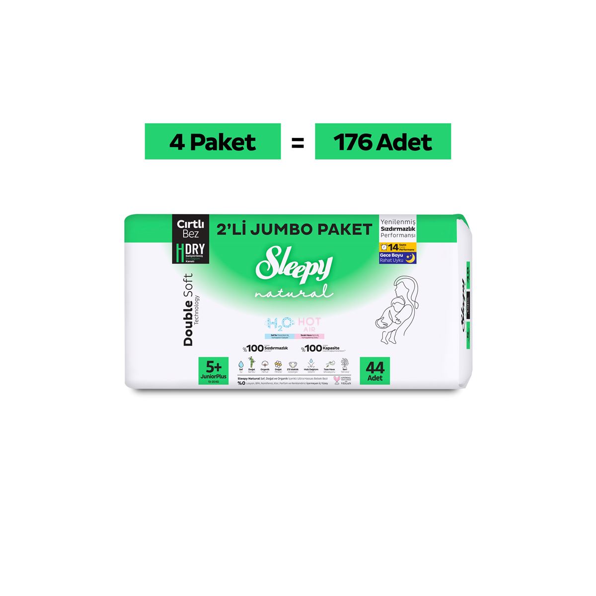 Sleepy Natural Double Soft Ultra Avantajlı Jumbo Paket Bebek Bezi 5+ Numara Junior Plus 176 Adet