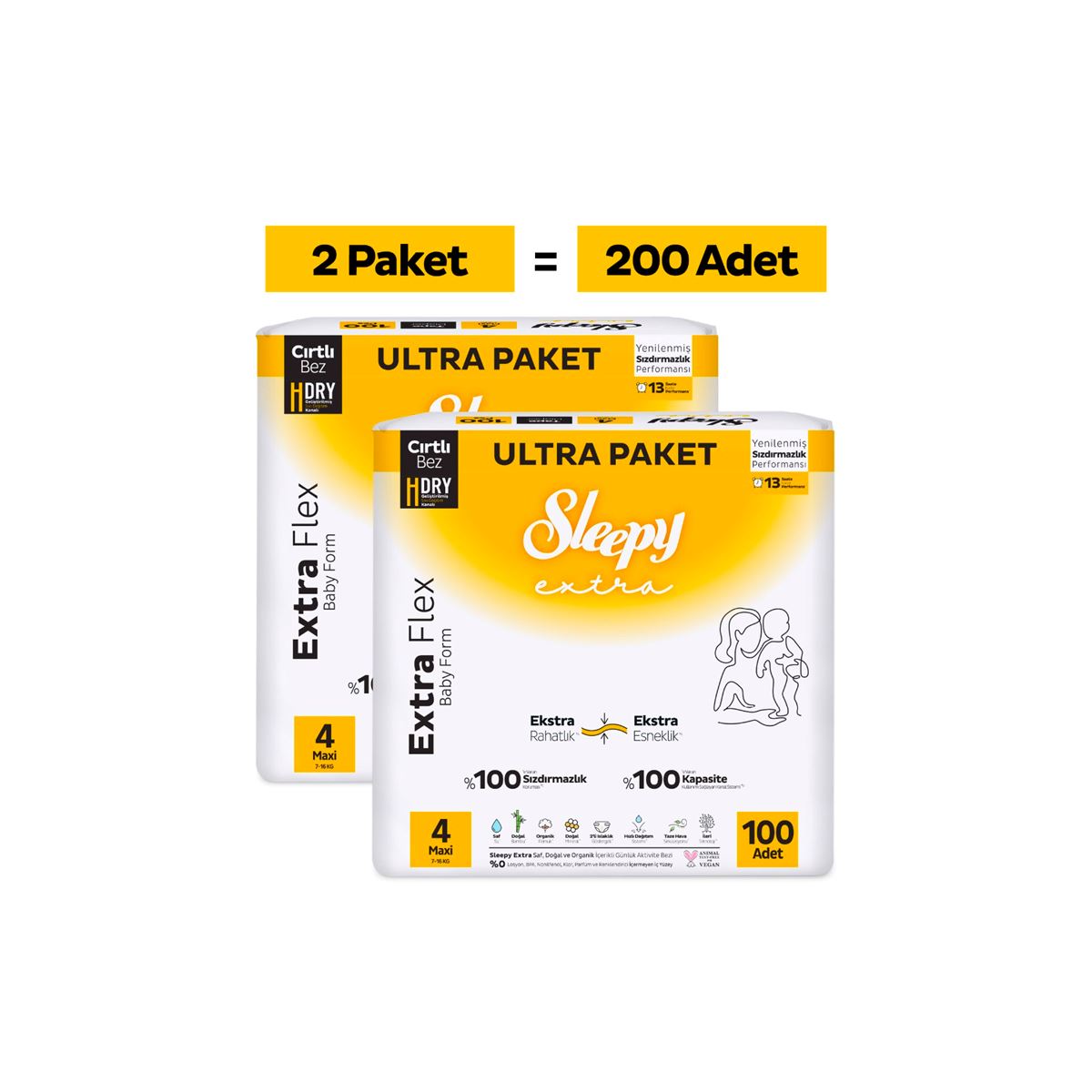Sleepy Extra Flex Ultra Fırsat Paketi Bebek Bezi 4 Numara Maxi 200 Adet