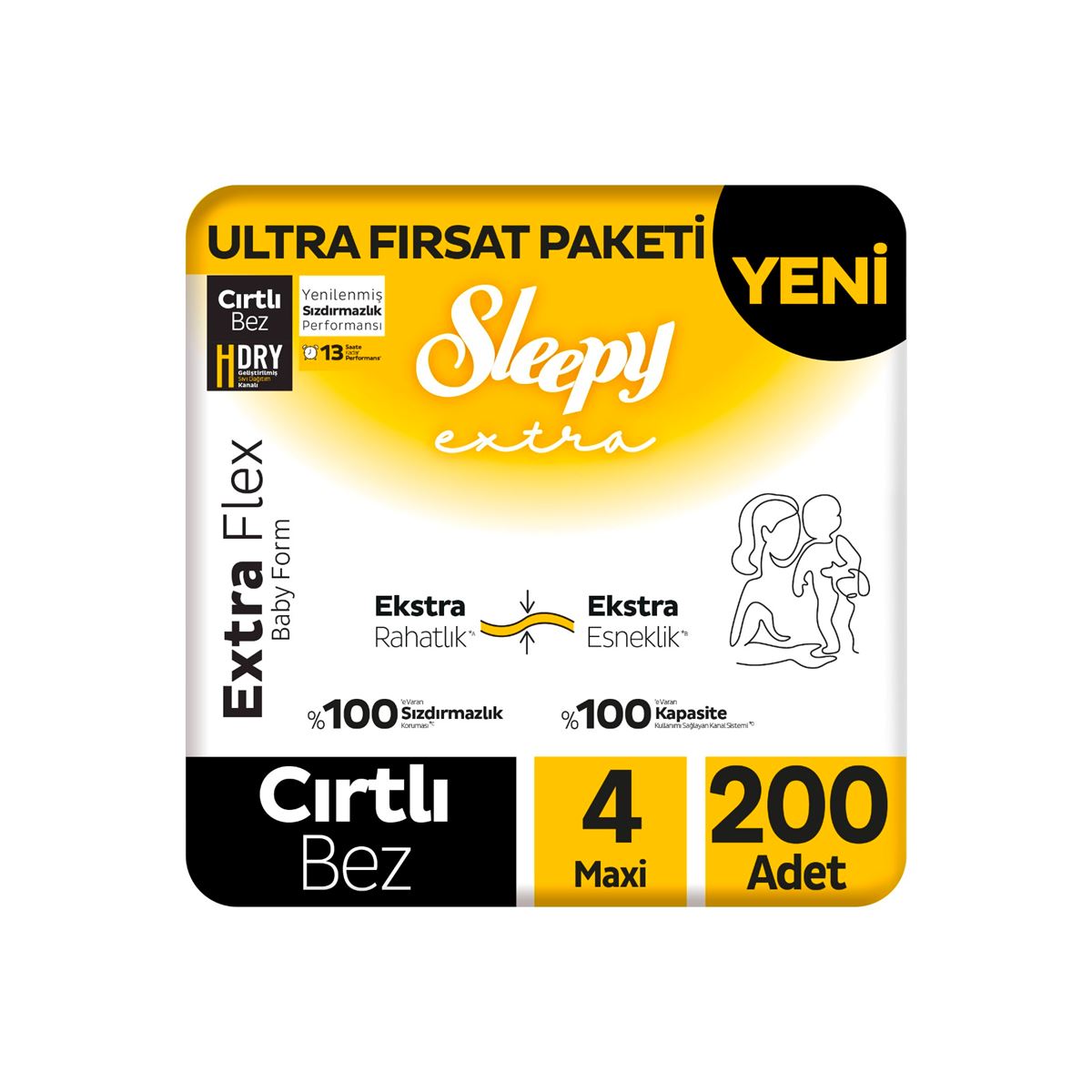 Sleepy Extra Flex Ultra Fırsat Paketi Bebek Bezi 4 Numara Maxi 200 Adet