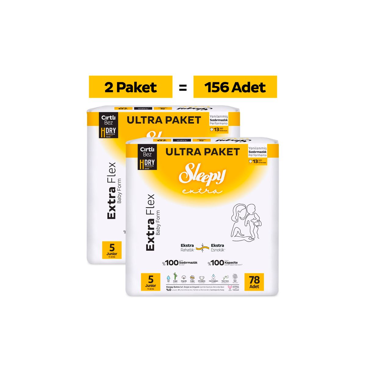 Sleepy Extra Flex Ultra Fırsat Paketi Bebek Bezi 5 Numara Junior 156 Adet