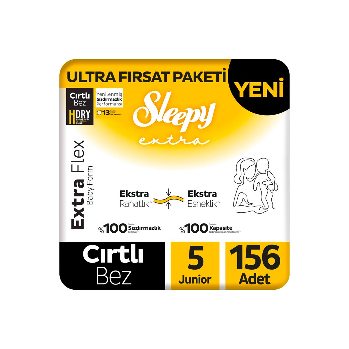 Sleepy Extra Flex Ultra Fırsat Paketi Bebek Bezi 5 Numara Junior 156 Adet