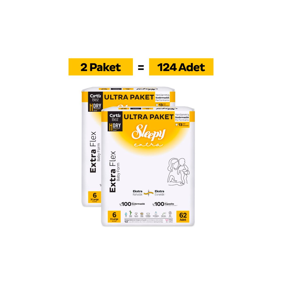 Sleepy Extra Flex Ultra Fırsat Paketi Bebek Bezi 6 Numara Xlarge 124 Adet