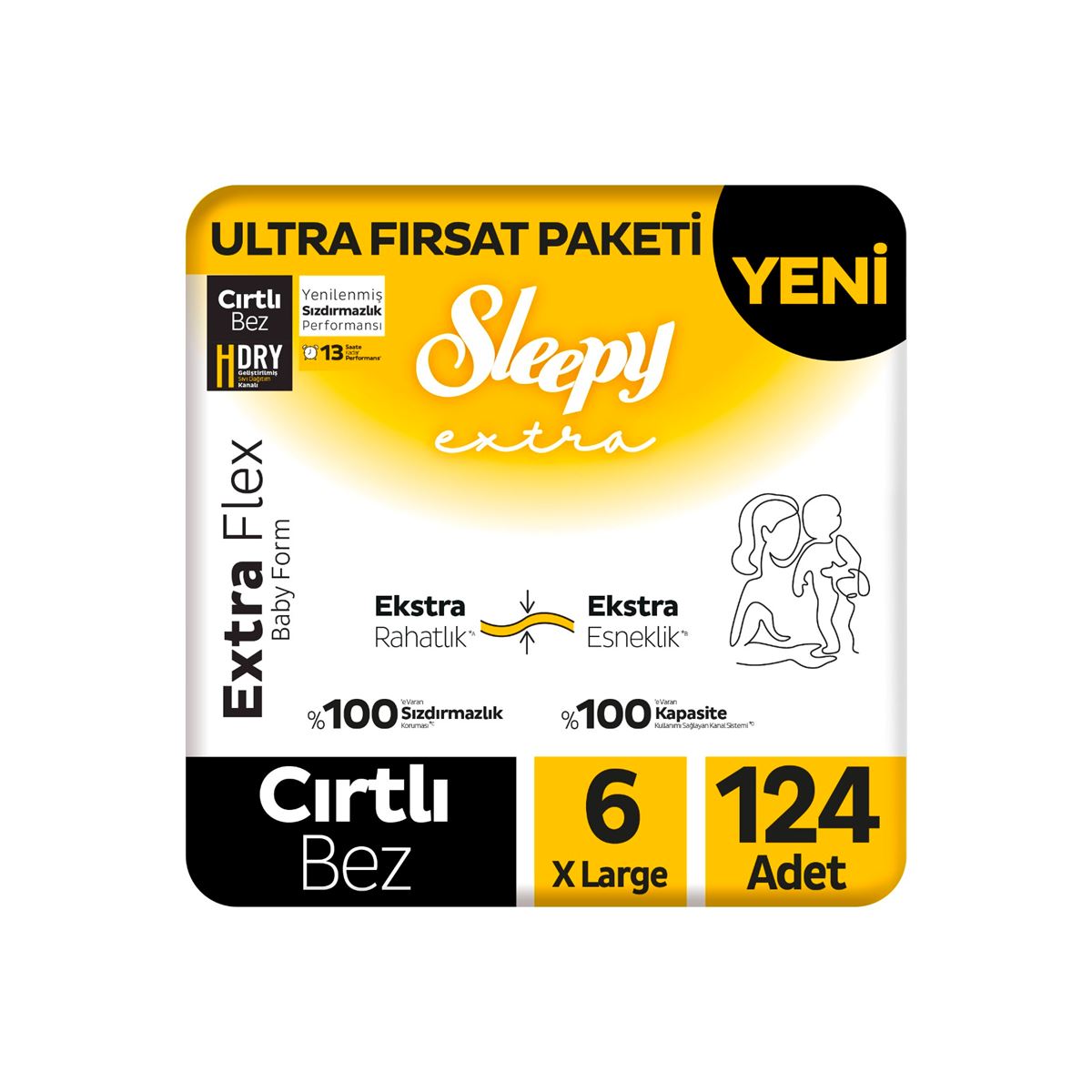 Sleepy Extra Flex Ultra Fırsat Paketi Bebek Bezi 6 Numara Xlarge 124 Adet