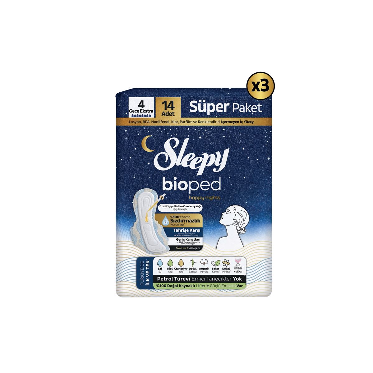 Sleepy Bioped Hijyenik Ped 3'lü Süper Paket Gece Ekstra 42 Adet